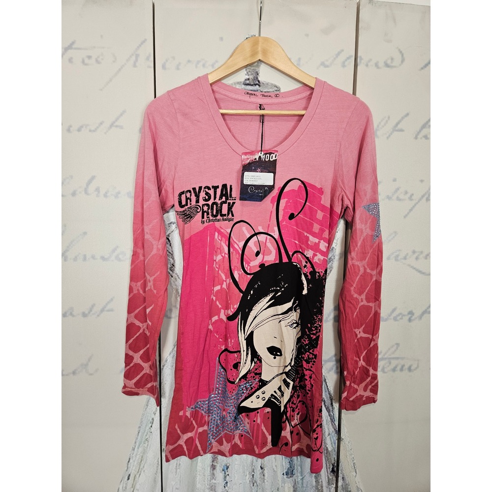 Crystal Rock by Christian Audigier Rocker Girl Graphic Tee Pink Rhinestone L NEW